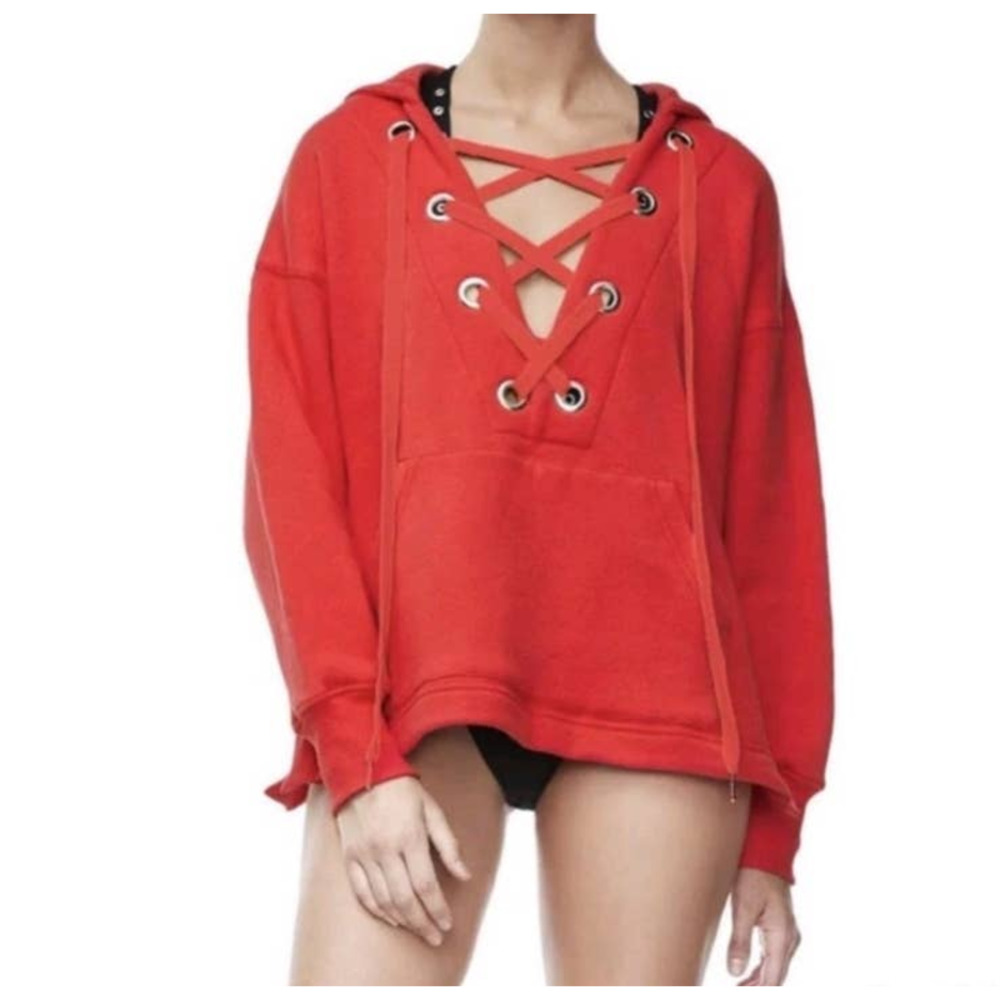 Good American Women's Oversized Red Laced Up Sweatshirt Hoodie XS/Small